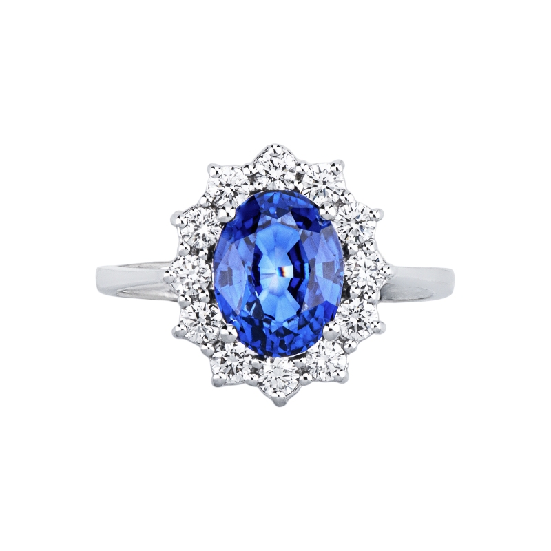 Anello contorno oro bianco 18k con zaffiro blu e diamanti