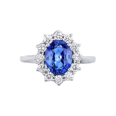 Anello contorno oro bianco 18k con zaffiro blu e diamanti