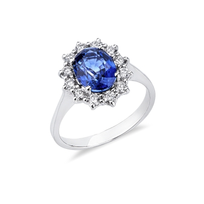 Anello contorno oro bianco 18k con zaffiro blu e diamanti