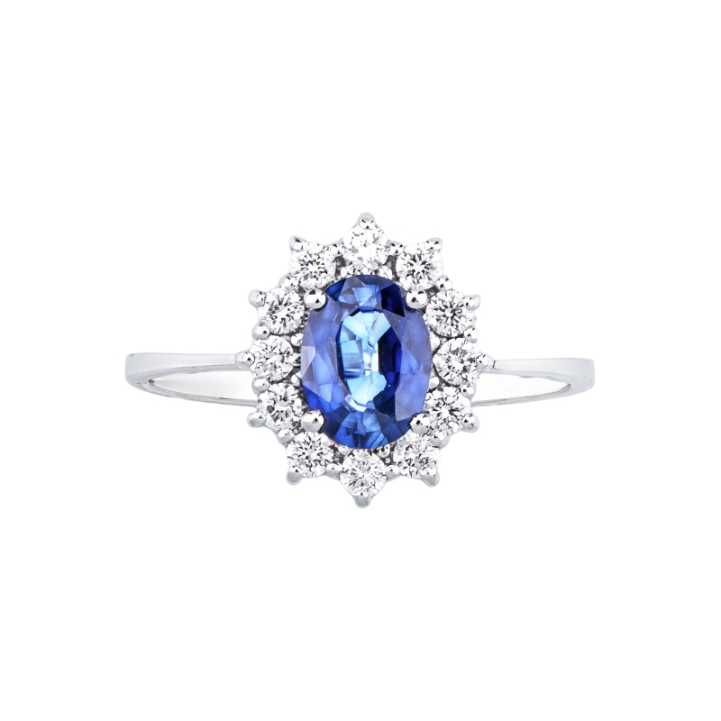 Anello contorno con zaffiro blu e diamanti in oro bianco 750
