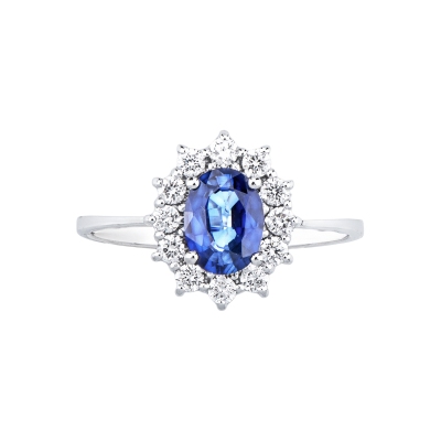 Anello contorno con zaffiro blu e diamanti in oro bianco 750