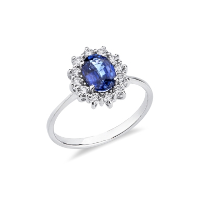 Anello contorno con zaffiro blu e diamanti in oro bianco 750