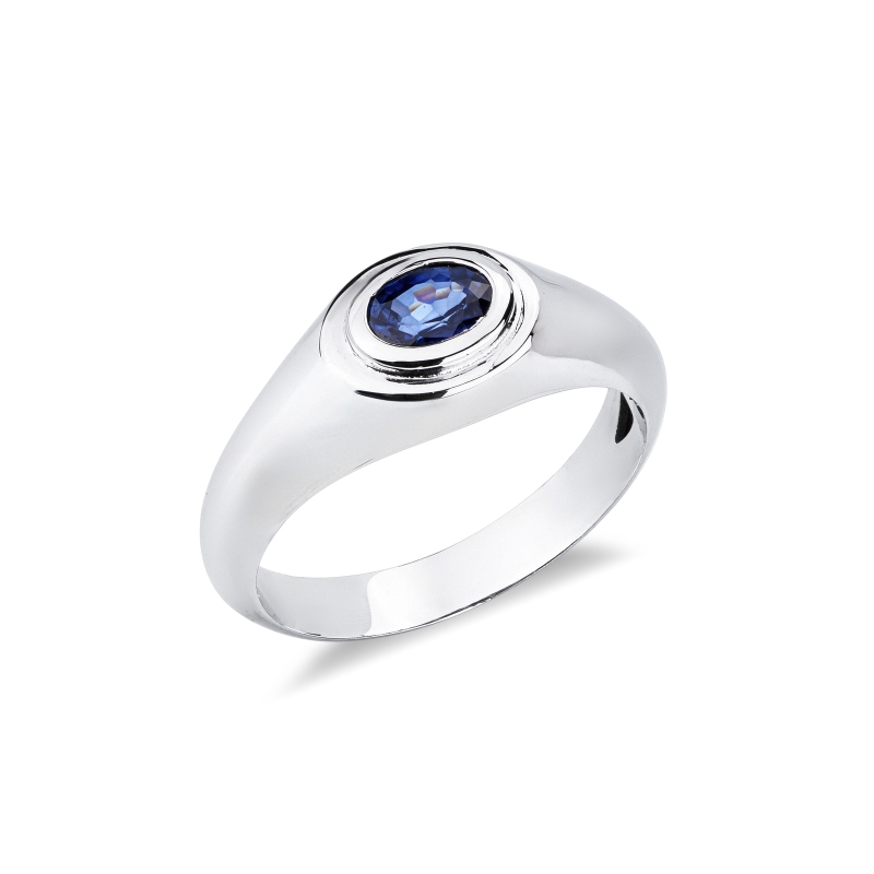 Anello solitario uomo con zaffiro blu in oro bianco 18k