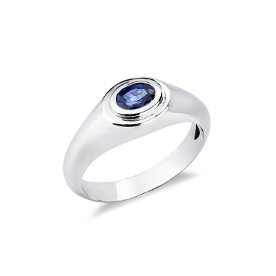 Anello solitario uomo con zaffiro blu in oro bianco 18k