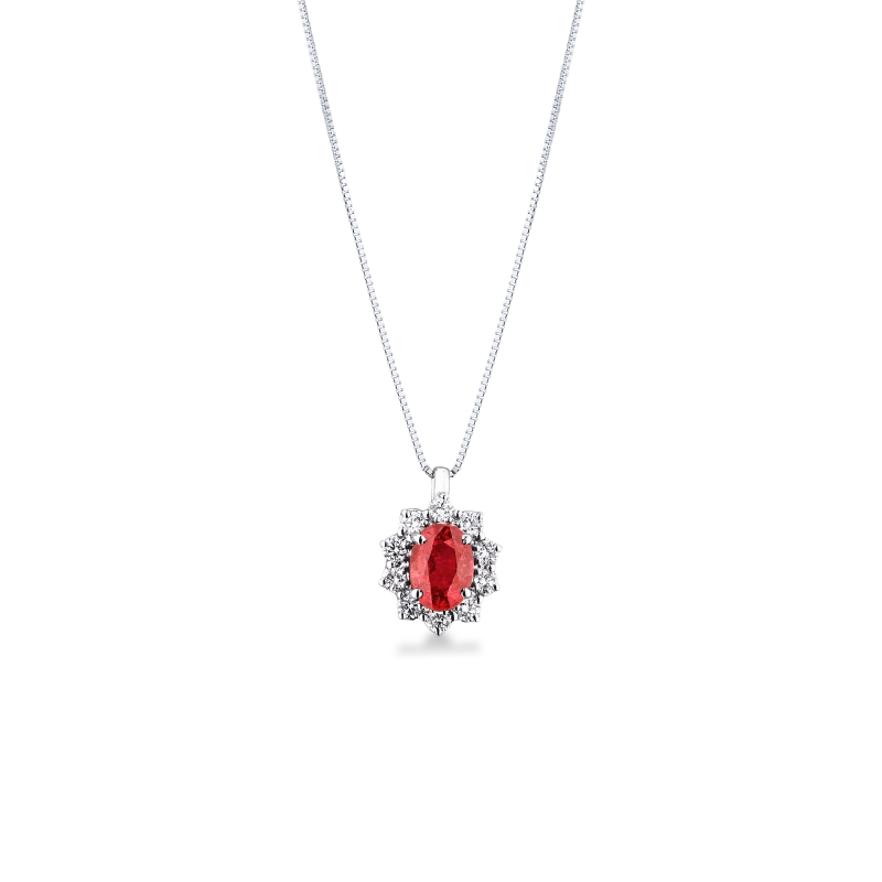 Collana in oro bianco 18k con rubino e diamanti a contorno