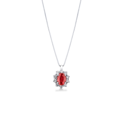 Collana in oro bianco 18k con rubino e diamanti a contorno