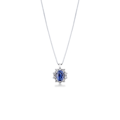 Collana rosetta zaffiro blu e diamanti in oro bianco 18k