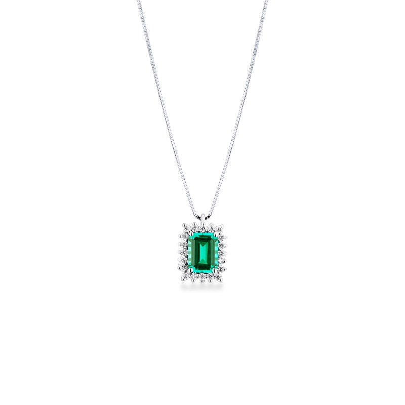 Necklace with pendant, emerald and round cut diamonds