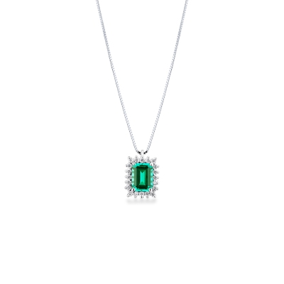 Necklace with pendant, emerald and round cut diamonds
