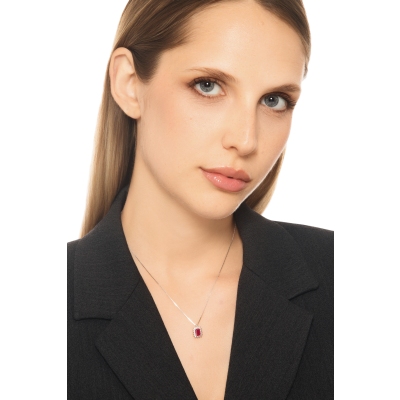Collana contorno in oro bianco 18k con rubino e diamanti