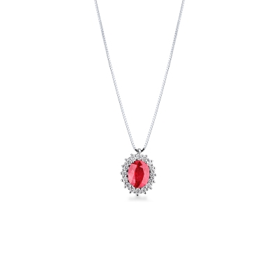 Collana rubino e diamanti a contorno in oro bianco 18k 