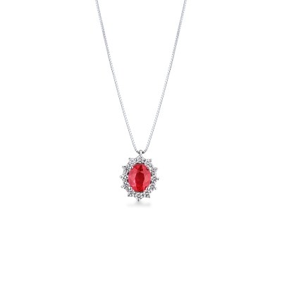 Collana con rubino e diamanti a contorno in oro bianco 18k