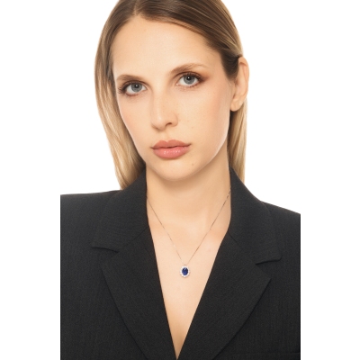 Collana rosetta in oro bianco 18k con zaffiro blu e diamanti 