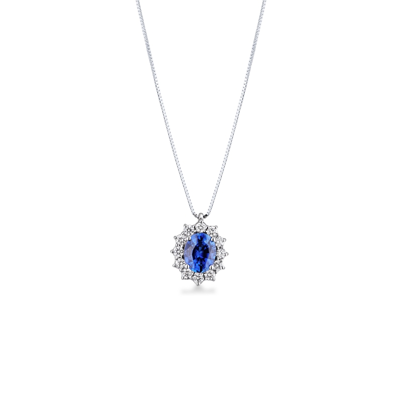 Collana rosetta in oro bianco 18k con zaffiro blu e diamanti 
