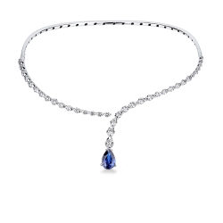Collana choker in oro bianco 18k con zaffiro blu a goccia e diamanti 