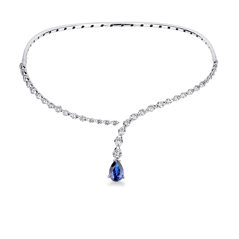 Collana choker in oro bianco 18k con zaffiro blu a goccia e diamanti 
