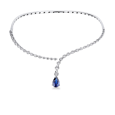 Collana choker in oro bianco 18k con zaffiro blu a goccia e diamanti 