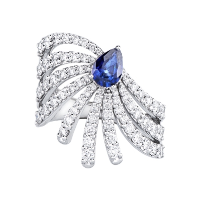 Anello fascia design oro bianco 18k con diamanti e zaffiro blu a goccia 