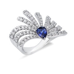 Anello fascia design oro bianco 18k con diamanti e zaffiro blu a goccia 