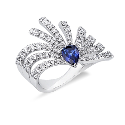 Anello fascia design oro bianco 18k con diamanti e zaffiro blu a goccia 
