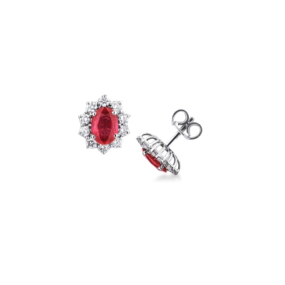 Orecchini rubini e diamanti a contorno in oro bianco 18k
