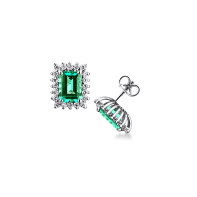 White gold 18k stud earrings with emeralds and diamonds 
