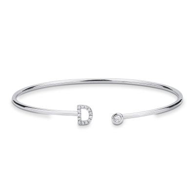 Bracciale rigido in oro bianco 18k con lettera D in diamanti