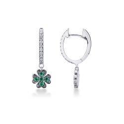 White gold 18k drop earrings with diamonds and emerald four-leaf clover pendant 