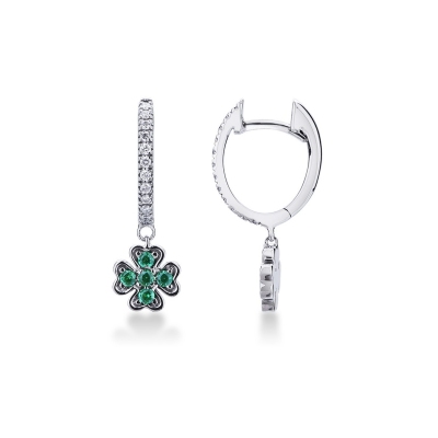 White gold 18k drop earrings with diamonds and emerald four-leaf clover pendant 