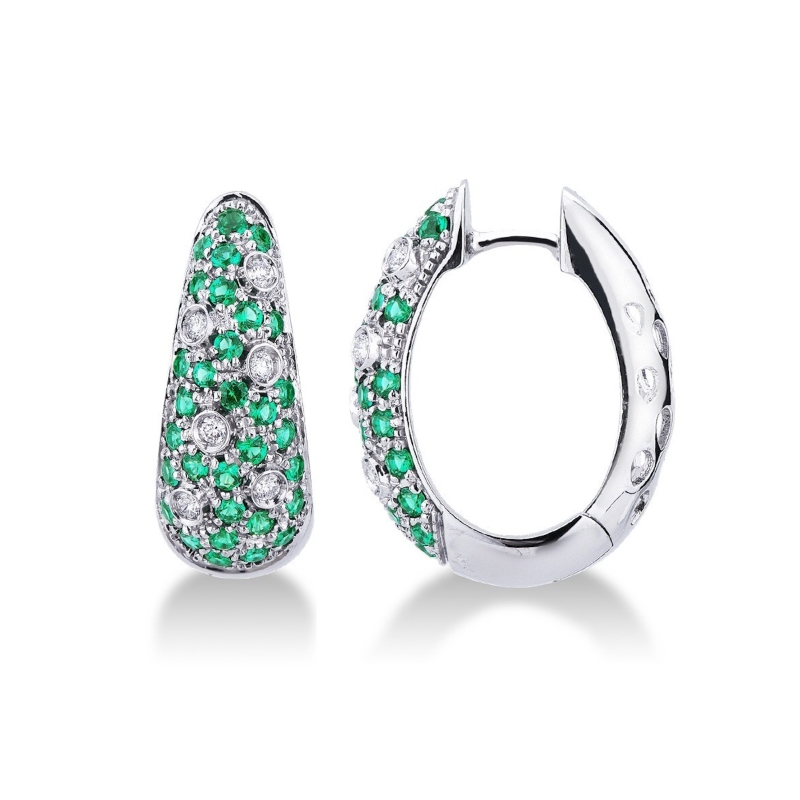 White gold 18k hoop earrings with diamonds and emeralds 