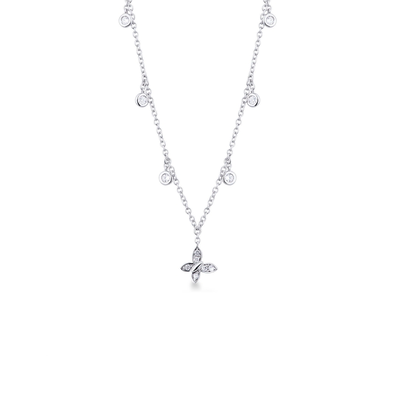 Necklace with 6 round cut diamonds and a diamond butterfly pendant 