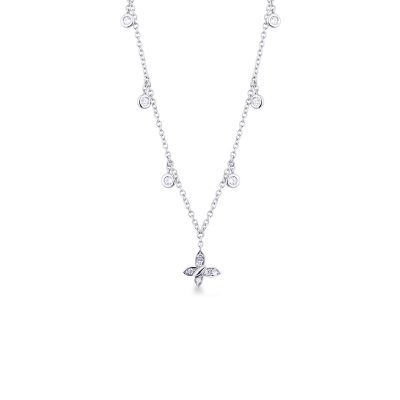 Necklace with 6 round cut diamonds and a diamond butterfly pendant 