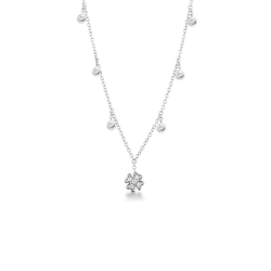 Necklace with 6 round cut diamonds and a four leaf clover pendant 