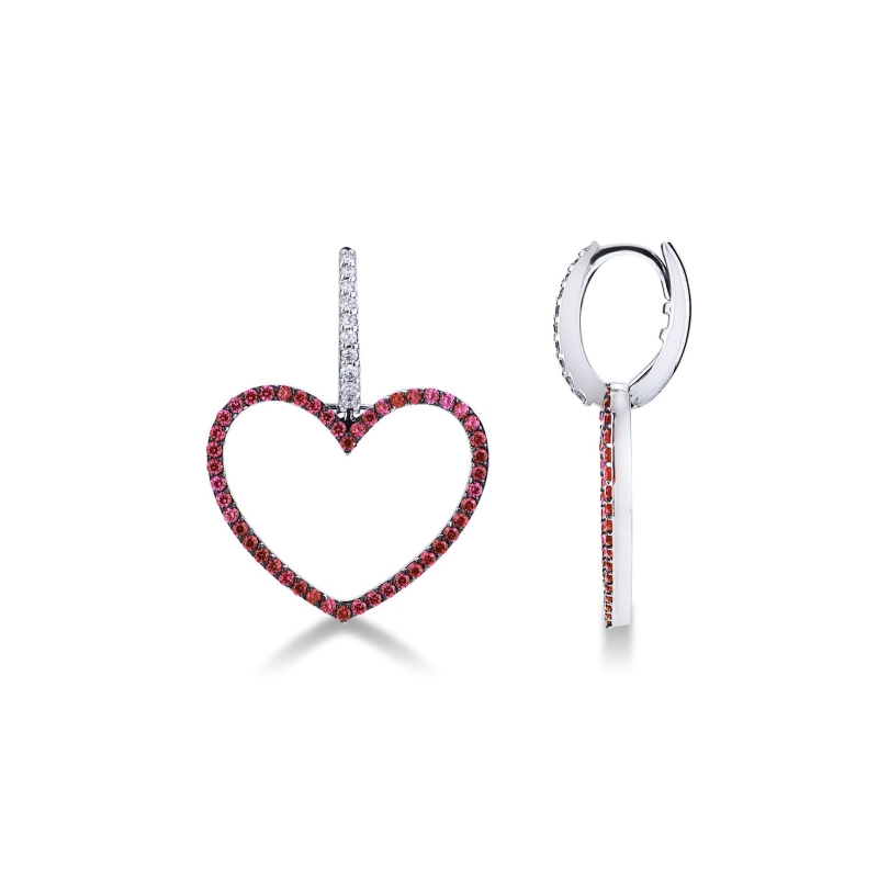 White gold 18k earrings heart shaped with diamonds and rubies 