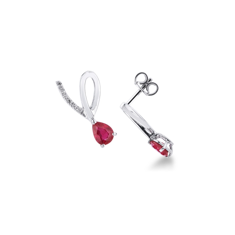 White gold 18k earrings with rubies pear cut and diamonds 