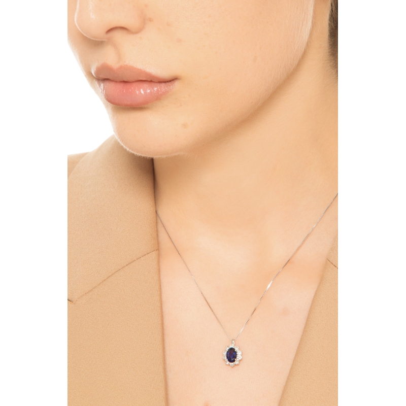 Collana rosetta zaffiro blu e diamanti in oro bianco 18k