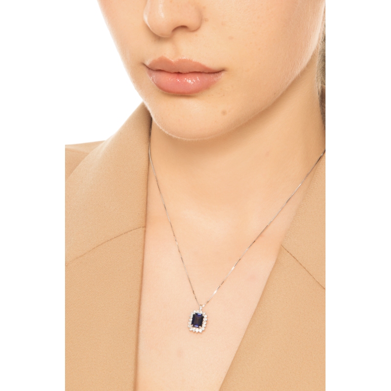 Collana contorno oro bianco 18k con zaffiro blu e diamanti