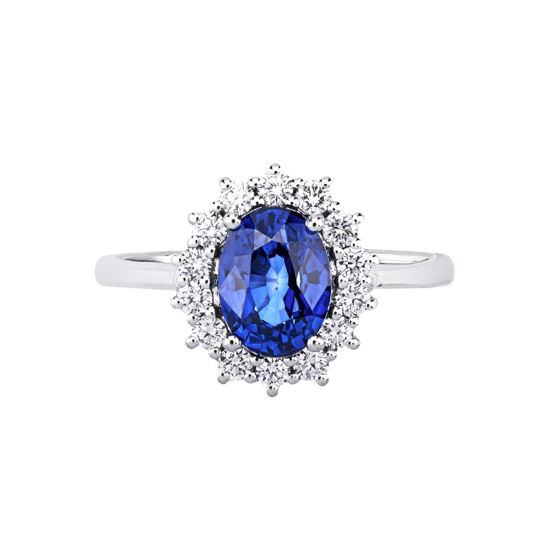 Anello Lady D in oro bianco 18k con zaffiro blu e diamanti a contorno