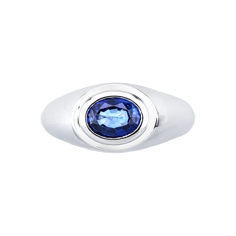 Anello solitario uomo in oro bianco 18k con zaffiro blu