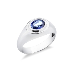 Anello solitario uomo in oro bianco 18k con zaffiro blu