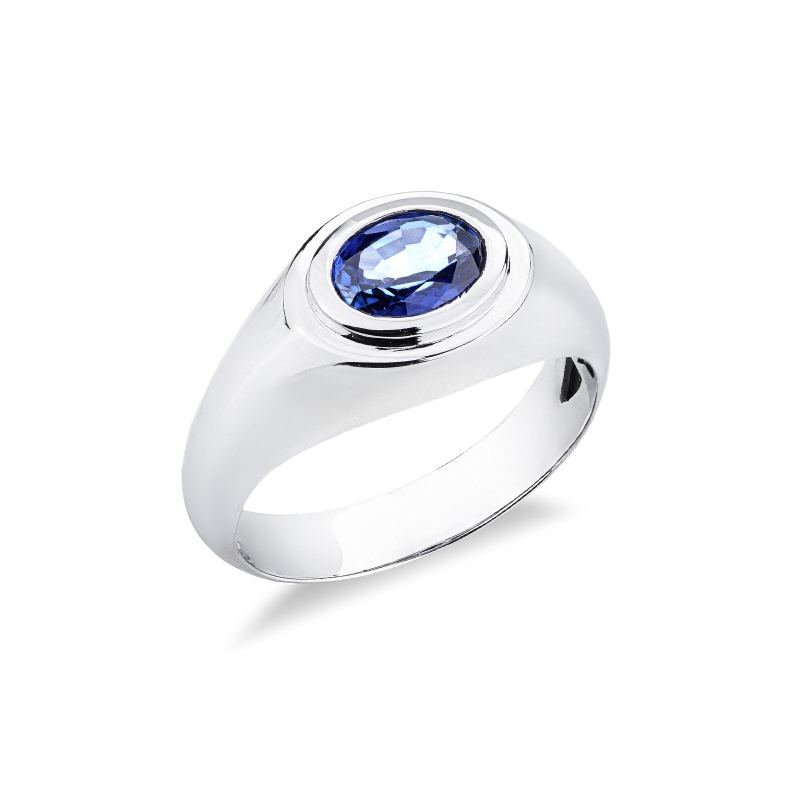 Anello solitario uomo in oro bianco 18k con zaffiro blu