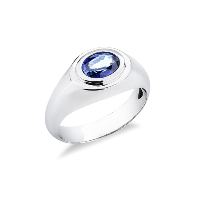 Anello solitario uomo in oro bianco 18k con zaffiro blu