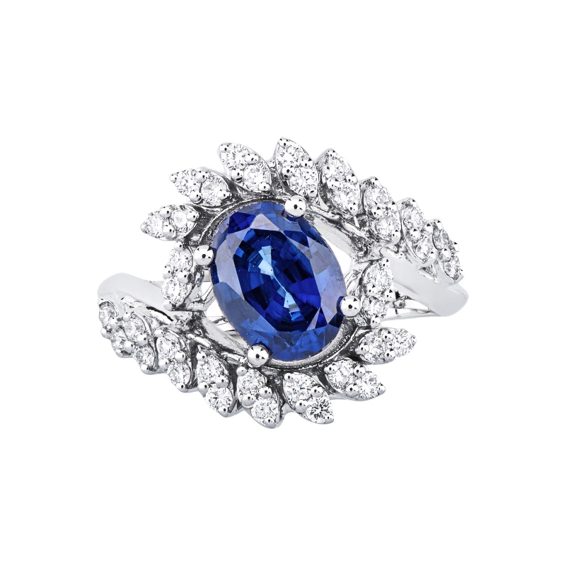 ANELLO CON FINTE NAVETTE IN BRILLANTI E ZAFFIRO OVALE MM9X7