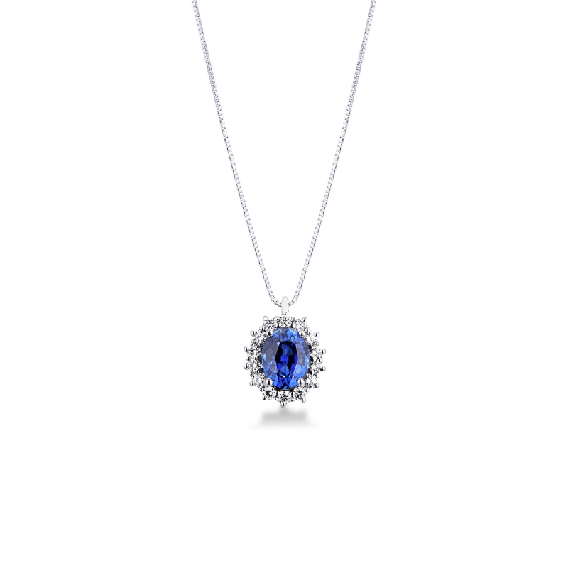 Collana Lady D con zaffiro blu e diamanti in oro bianco 18k