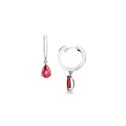 Orecchini cerchio oro bianco 18k con rubini pendenti a goccia 