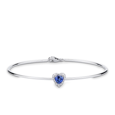 Bracciale rigido in oro 18k con zaffiro blu cuore e diamanti