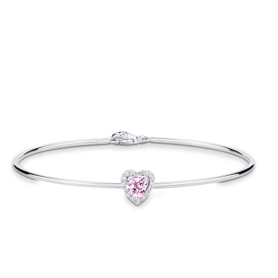 Bracciale rigido con zaffiro rosa a cuore e diamanti in oro bianco 750