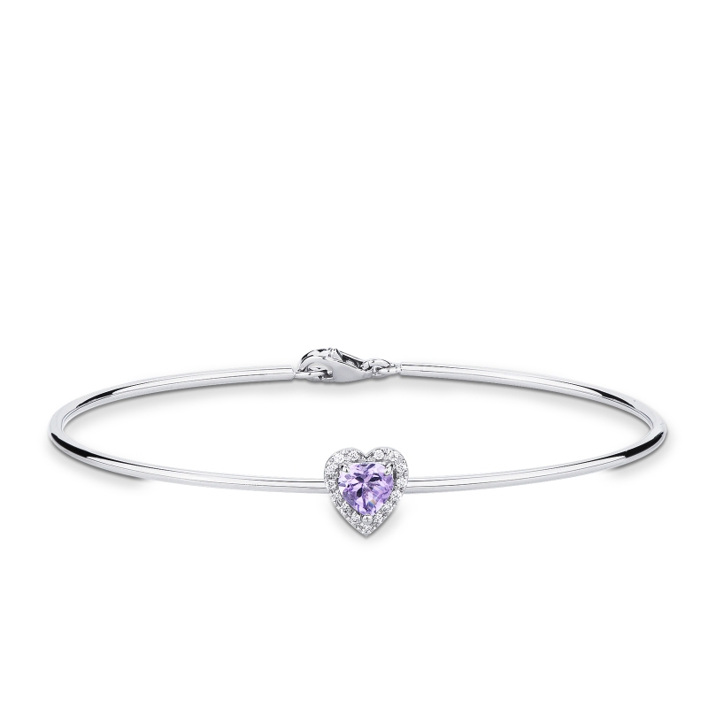 Bracciale rigido in oro bianco 750 con ametista a cuore e diamanti