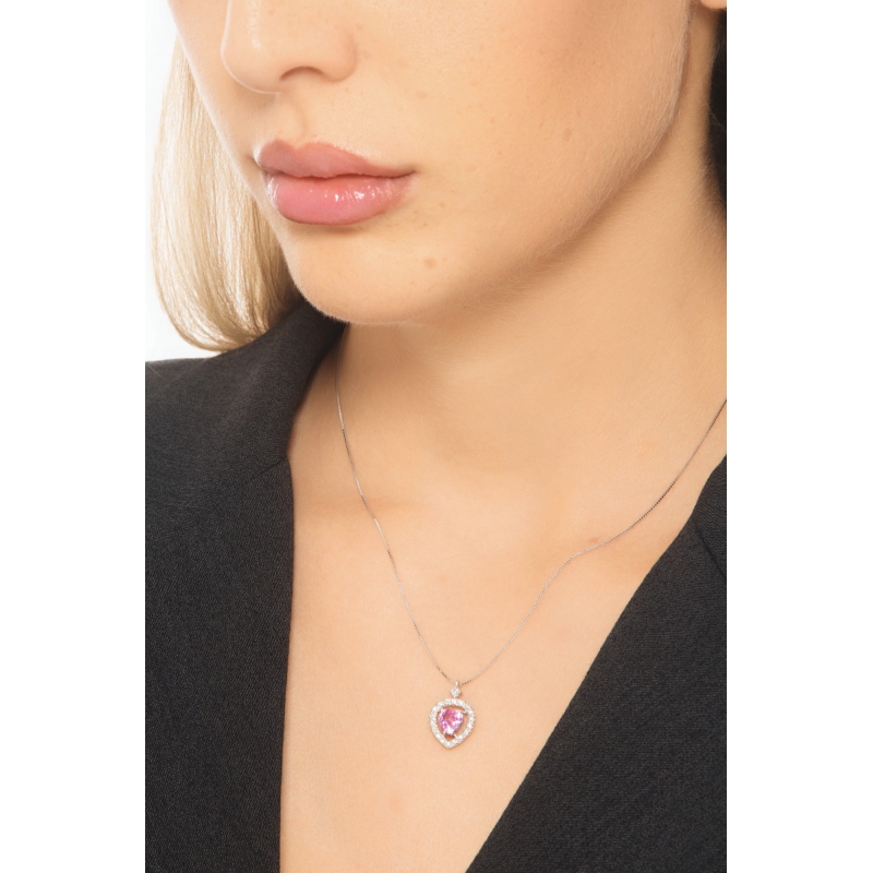Collana in oro bianco 750 con ciondolo cuore zaffiro rosa e diamanti