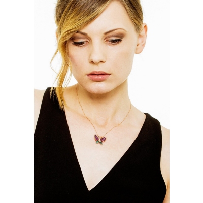 18k rose gold butterfly pendant with rubies and emeralds